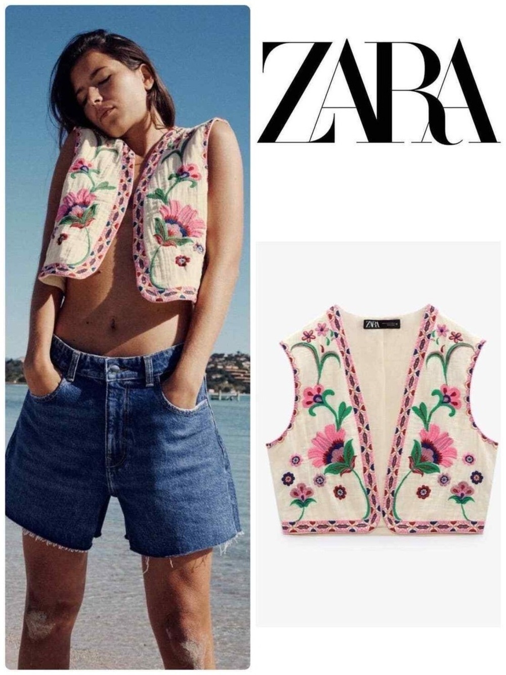 ZARA Floral Embroidered Open Waistcoat Vest Ecru Boho Indie